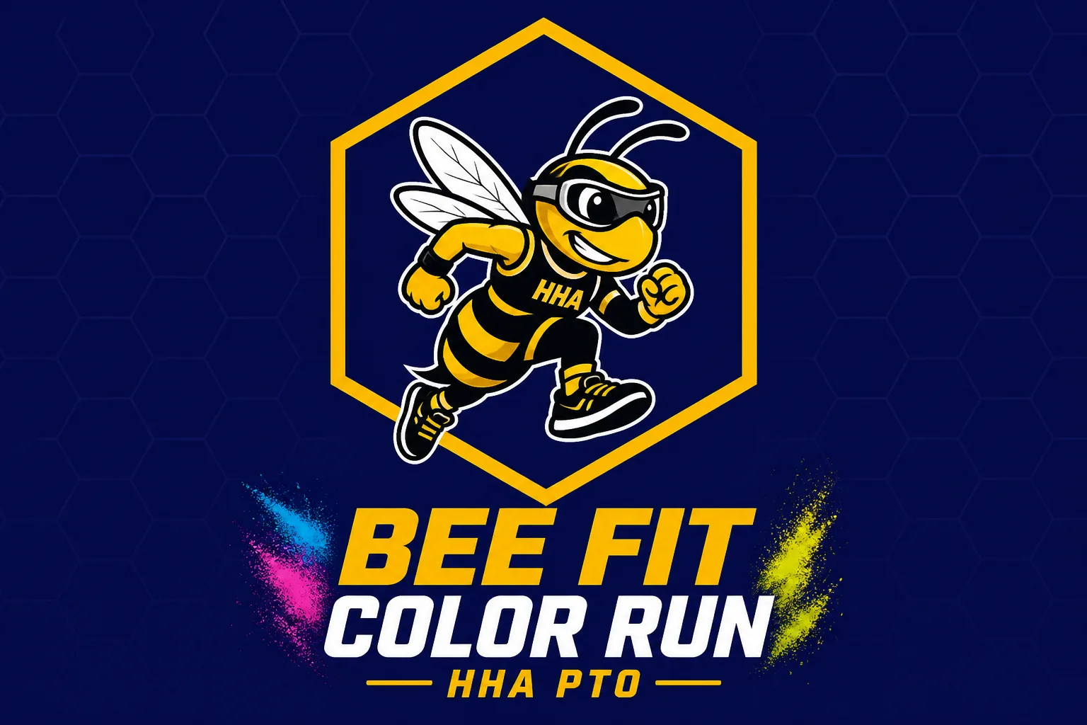 HHA bee mascot in goggles running through clouds of colored powder