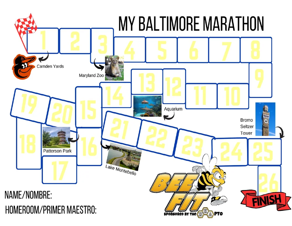 BeeFit My Baltimore Marathon map with 26 numbered boxes, Baltimore landmarks, and a space for student name and homeroom