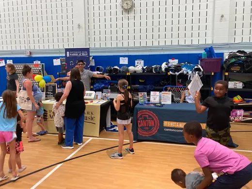 Tables and bounce house inside