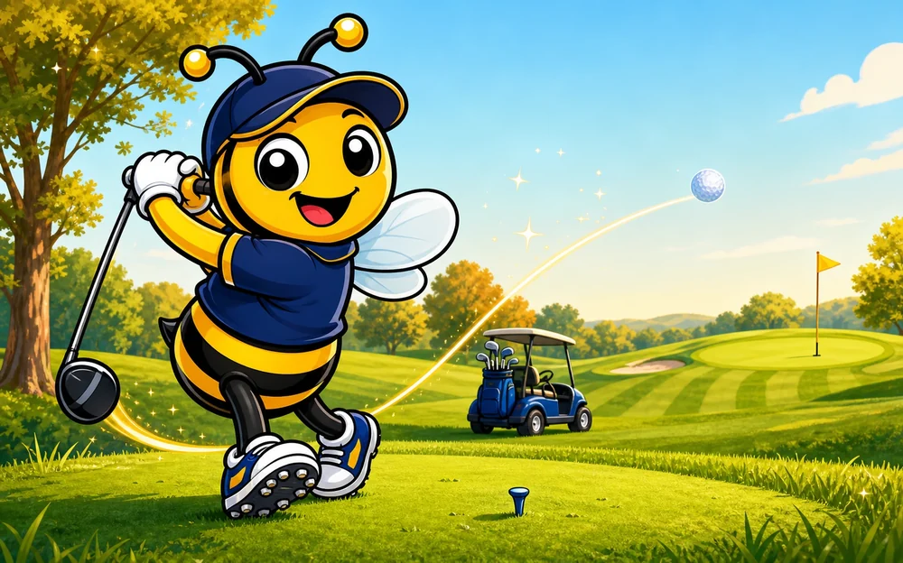 HHA bee mascot teeing off on a golf course