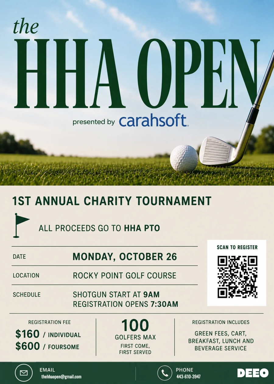 The HHA Open flyer — 1st Annual Charity Tournament, Monday October 26 at Rocky Point Golf Course, presented by Carahsoft