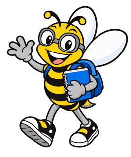 A smiling bee with a backpack and notebook